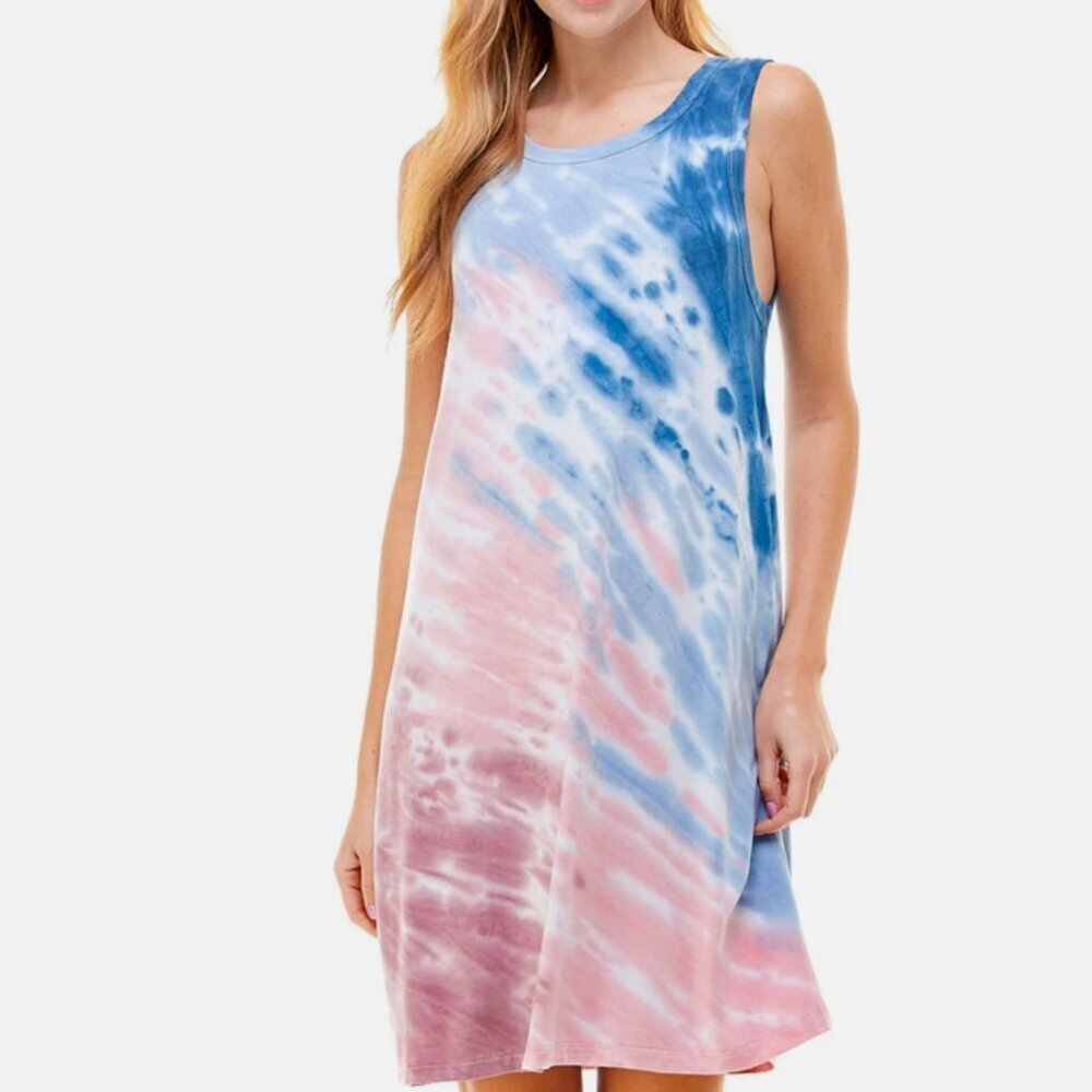 Women's Small Tie Dye Soft Stretchy Casual Vacation Beachy Blue Pink Shirt Dress - Picture 5 of 5
